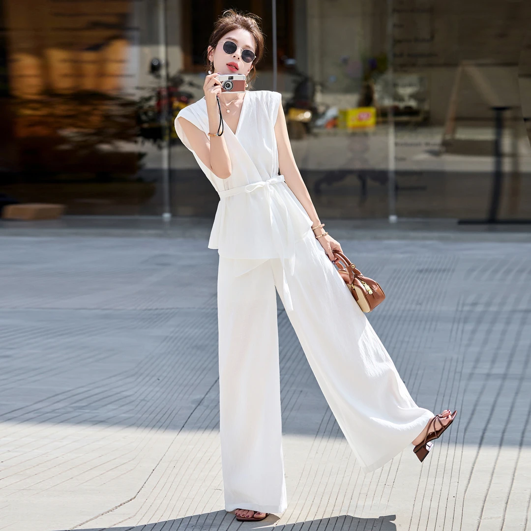 通勤女装高级感套装2025新款夏季简约纯色御姐范无袖上衣两件套裤