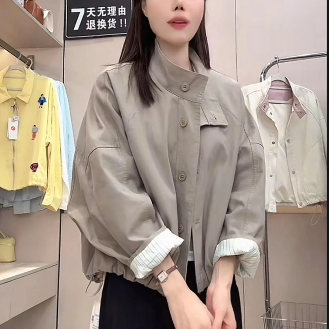 宽松型欧货英伦风立领夹克外套女2025新款宽松休闲内里条纹短款风