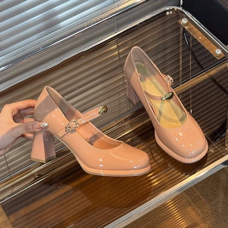 浅口单鞋粗跟高跟玛丽珍鞋女2025新款复古夏季百搭皮鞋一字带跟鞋