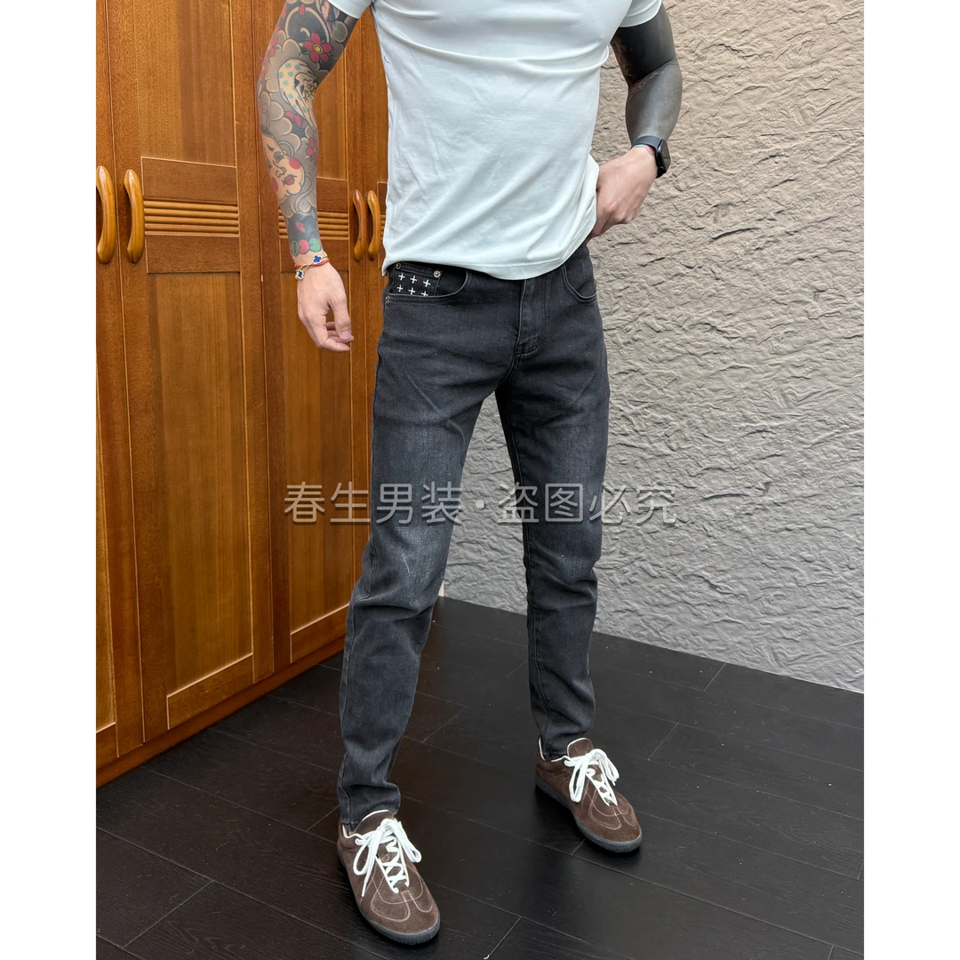 2025早秋新款时尚休闲百搭刺绣黑灰色修身小脚牛仔裤1369