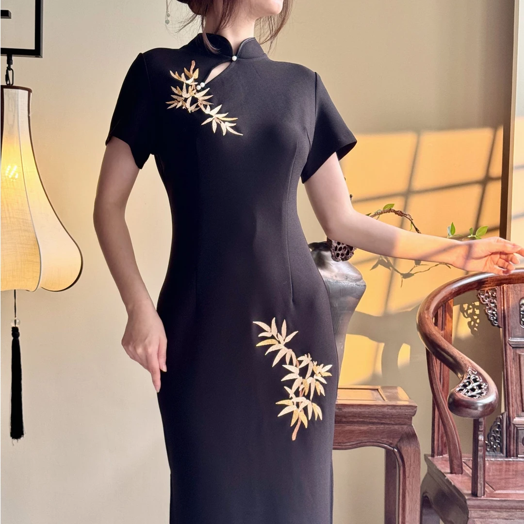 新中式国风刺绣旗袍弹力西装连衣裙 短袖金竹