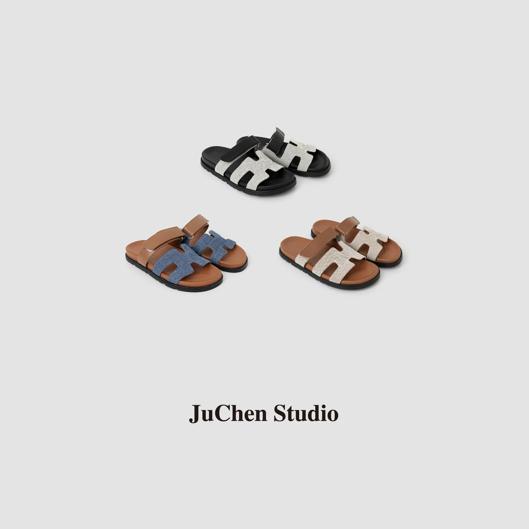 25SS二舅一字拖H魔术贴头层牛皮一脚蹬舒适凉拖鞋 XZ503001-48