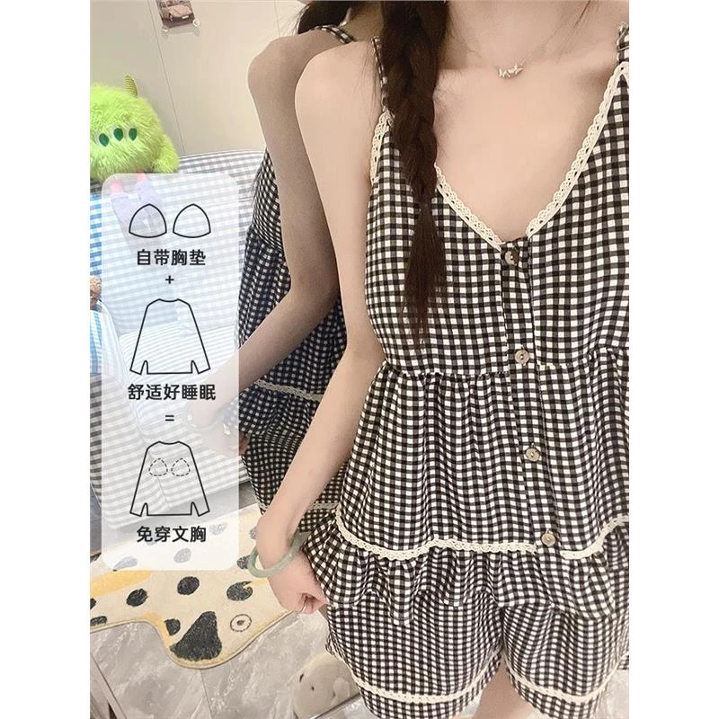 带胸垫吊带睡衣女夏季性感可爱日系简约风格子吊带短裤2025家居服