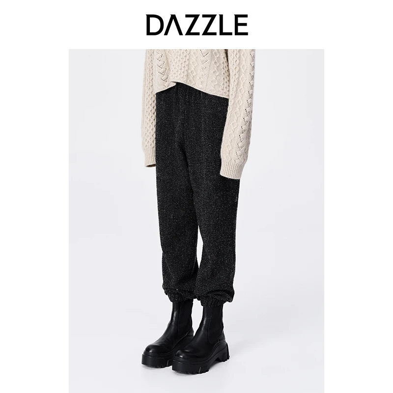 专选DAZZLE地素深灰色松紧腰粗花呢宽松休闲束脚裤子2E4Q448