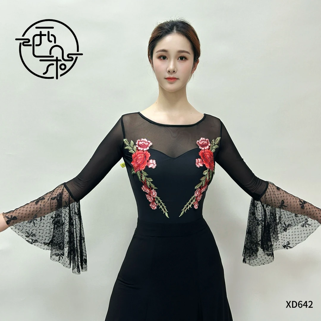 西朵舞服刺绣贴花蕾丝拼接摩登舞新品练功服上衣XD642