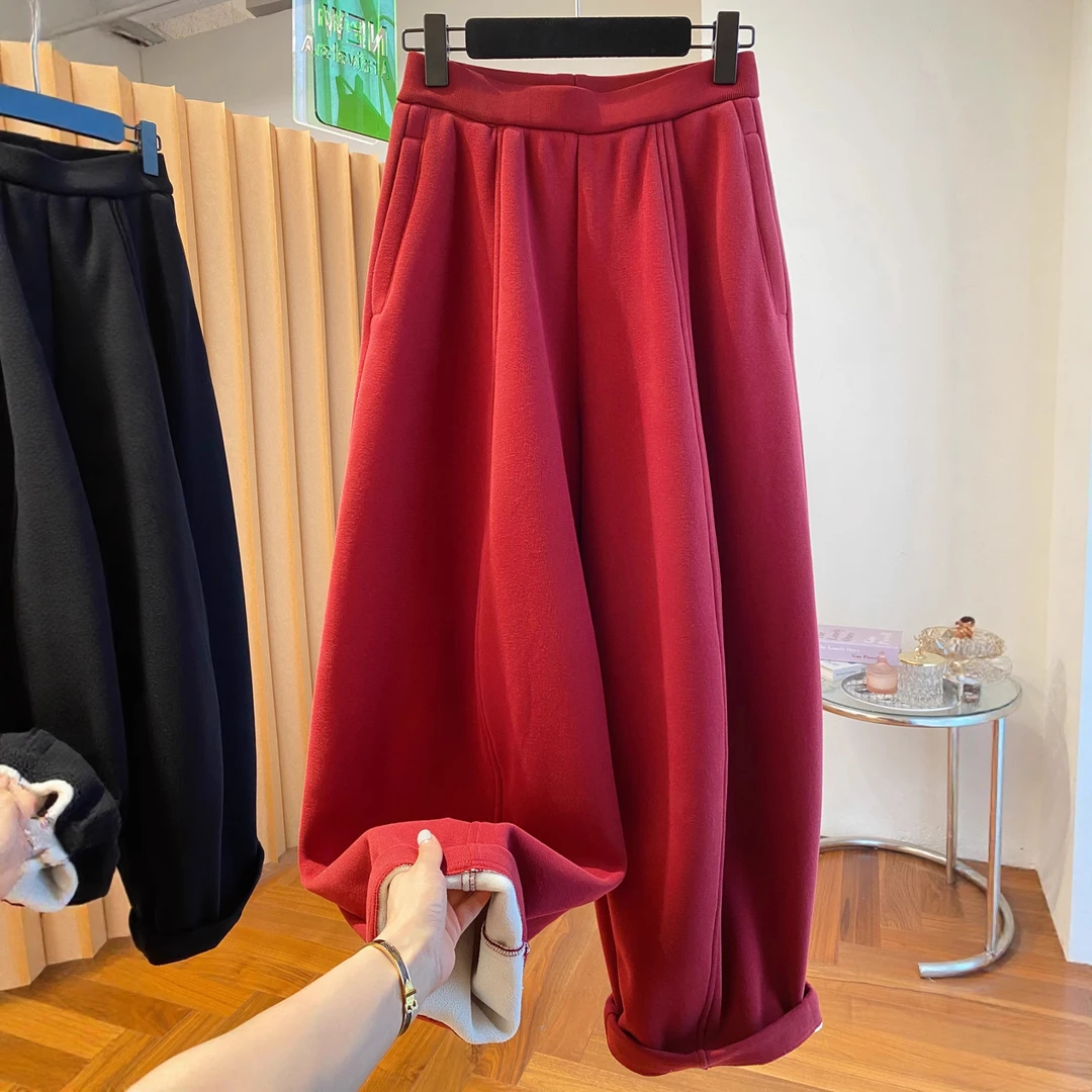 高级感红色弯刀卫裤女加绒加厚2025新款冬季宽松百搭阔腿裤长裤子