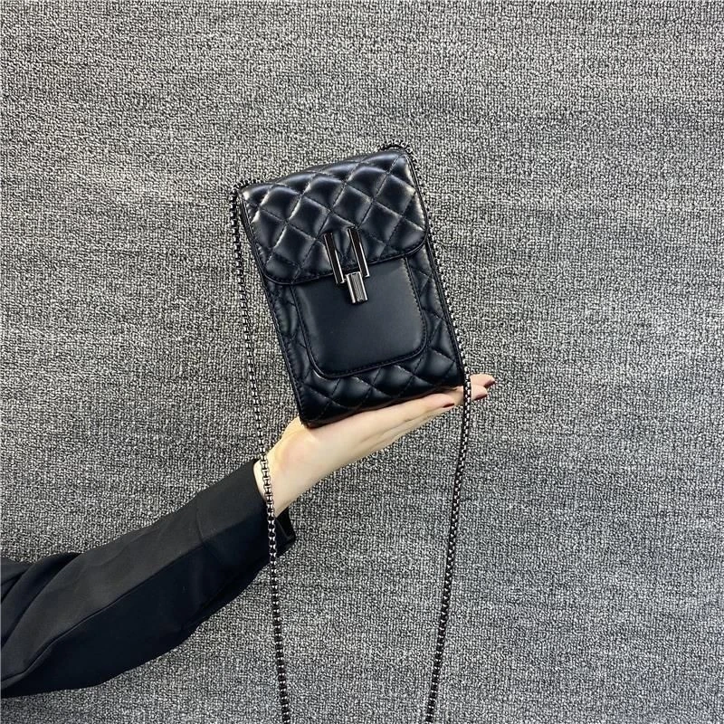 纯色刺绣防盗包盖竖款格子手机包黑色拉链暗袋手机位