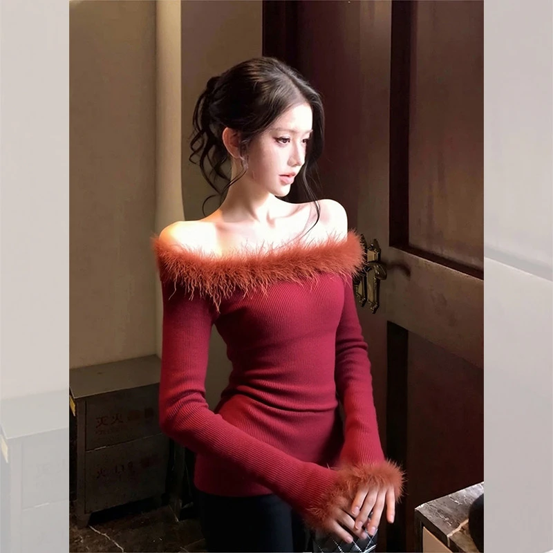 别致独特漂亮红色毛毛小衫内搭一字领毛衣女秋冬季洋气针织打底衫