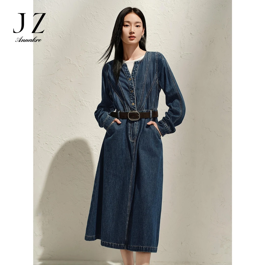 玖姿安娜蔻KWFC50016春新款女牛仔连衣裙显瘦复古时尚解构设计感