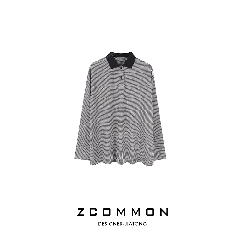Z common休闲polo领条纹长袖T恤百搭翻领宽松简约大版T恤 2502089