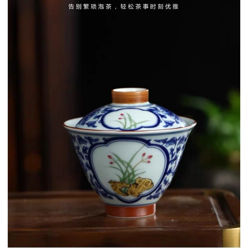 （越记窑）复古青花空谷幽兰斗二才盖碗