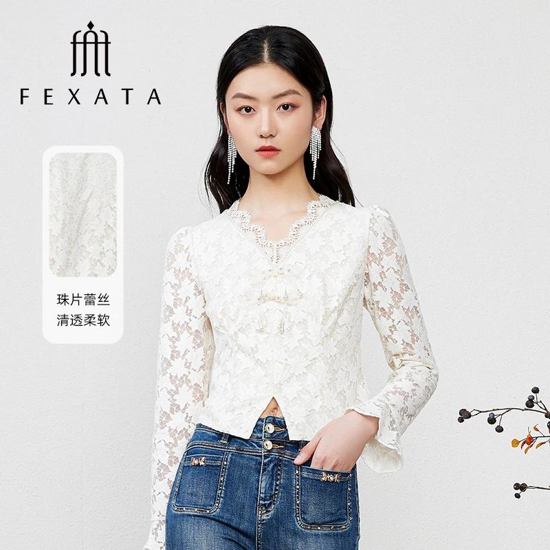 【达人专属】FEXATA斐格思花边国风白色短款蕾丝衬衫女
