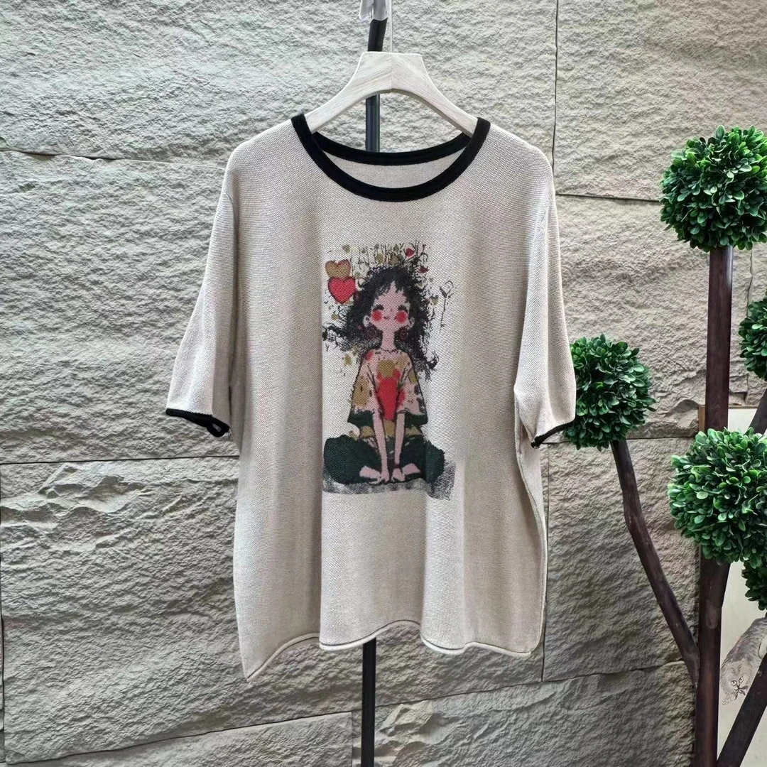 12013新款夏季时尚气质简约百搭印花针织短袖T恤