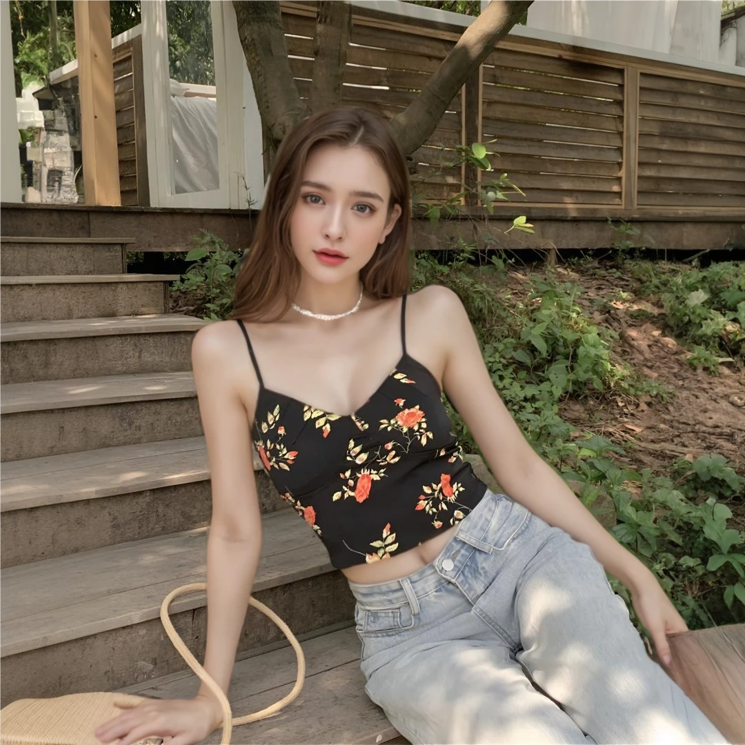 黑色碎花吊带背心女夏季复古v领修身气质内搭外穿设计感短款上衣