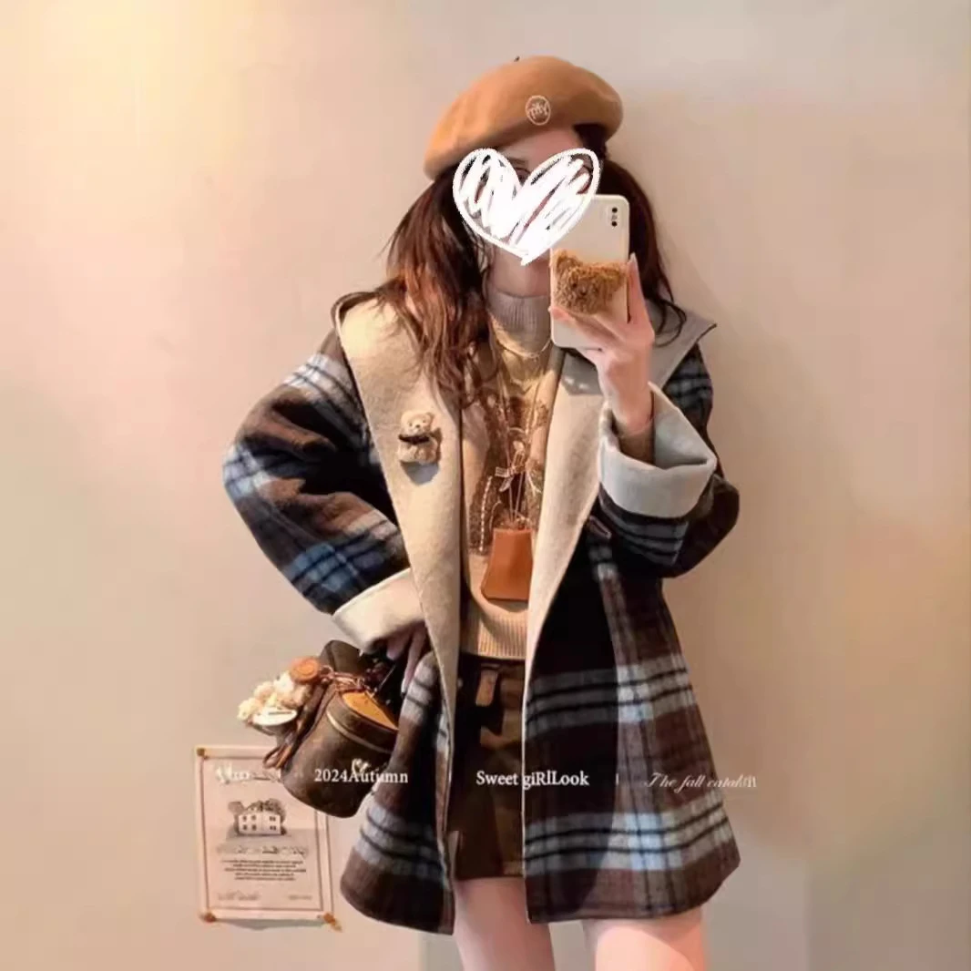 复古2024格子两穿双面羊毛大衣秋冬新款连帽外套宽松爆款羊毛外套
