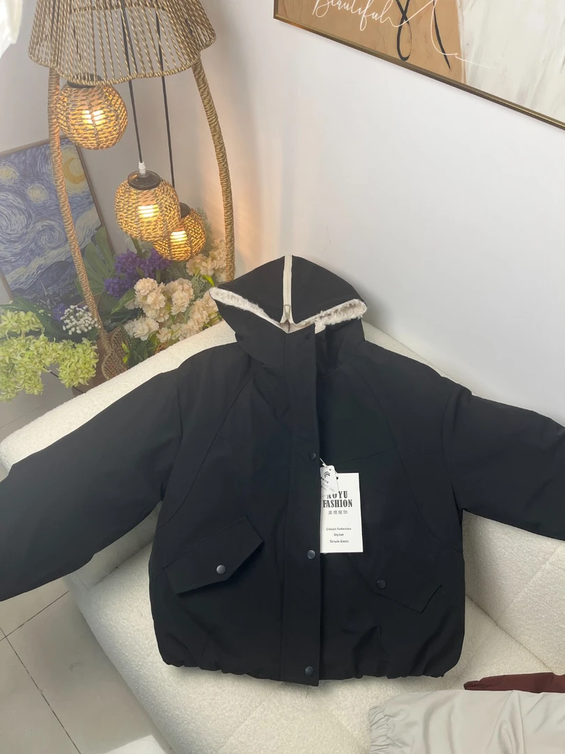 838区5862黑色冬季新款韩版羊羔毛拉链帽子派克服