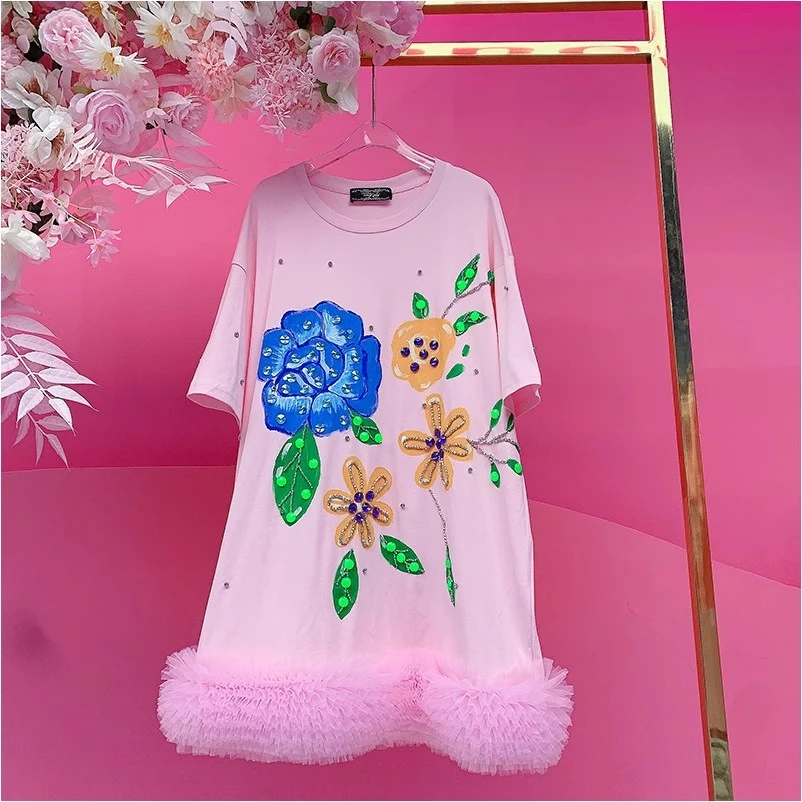 A978欧美设计师2025早春新款重工钉钻涂鸦喷漆手绘花朵拼纱连衣裙