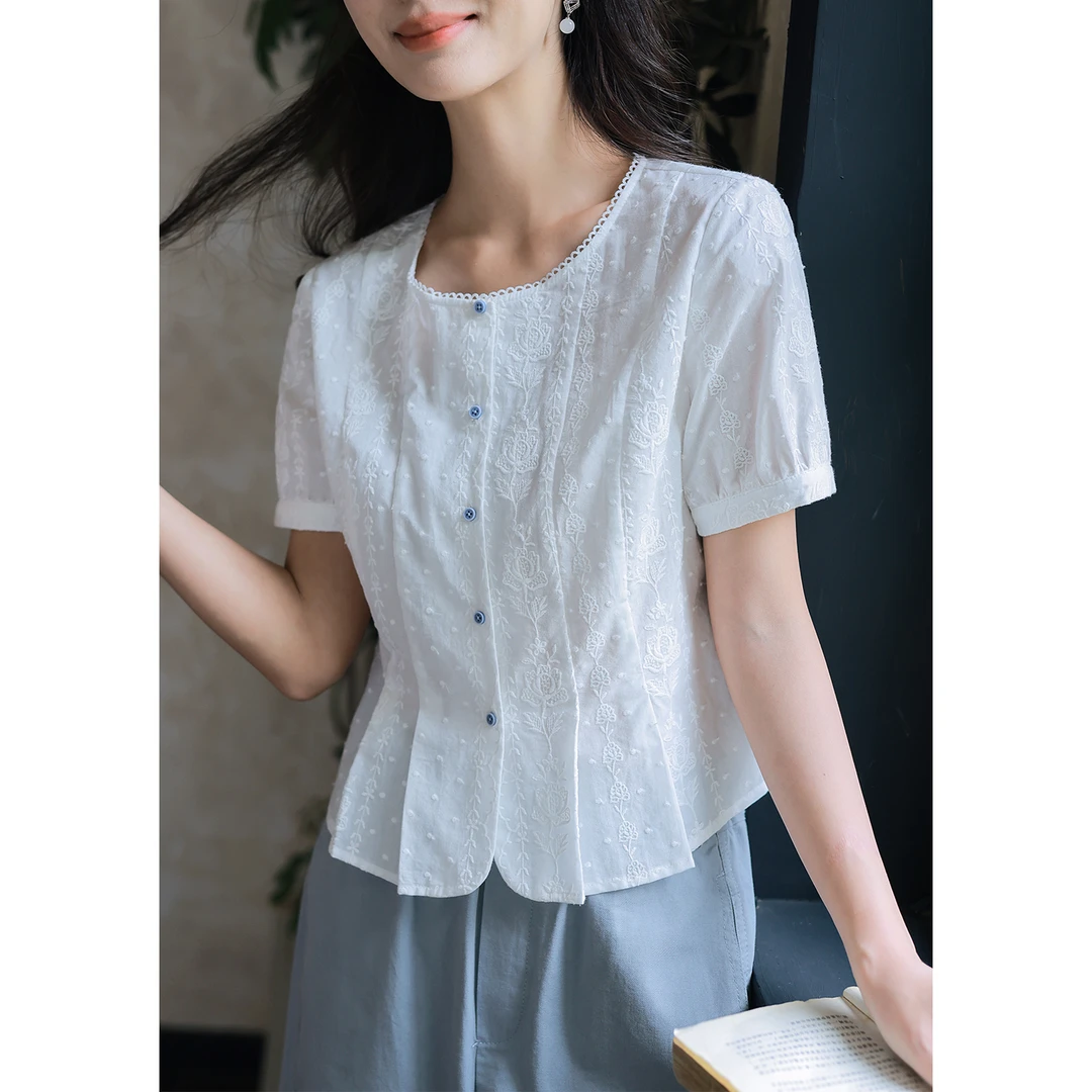 红念原创纯棉刺绣衬衫女短袖设计感休闲夏季2025新款女装气质上衣