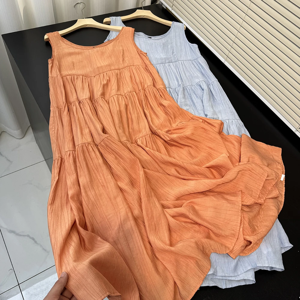 夏季洋气减龄感A版拼接大裙摆中长款无袖连衣裙女11064