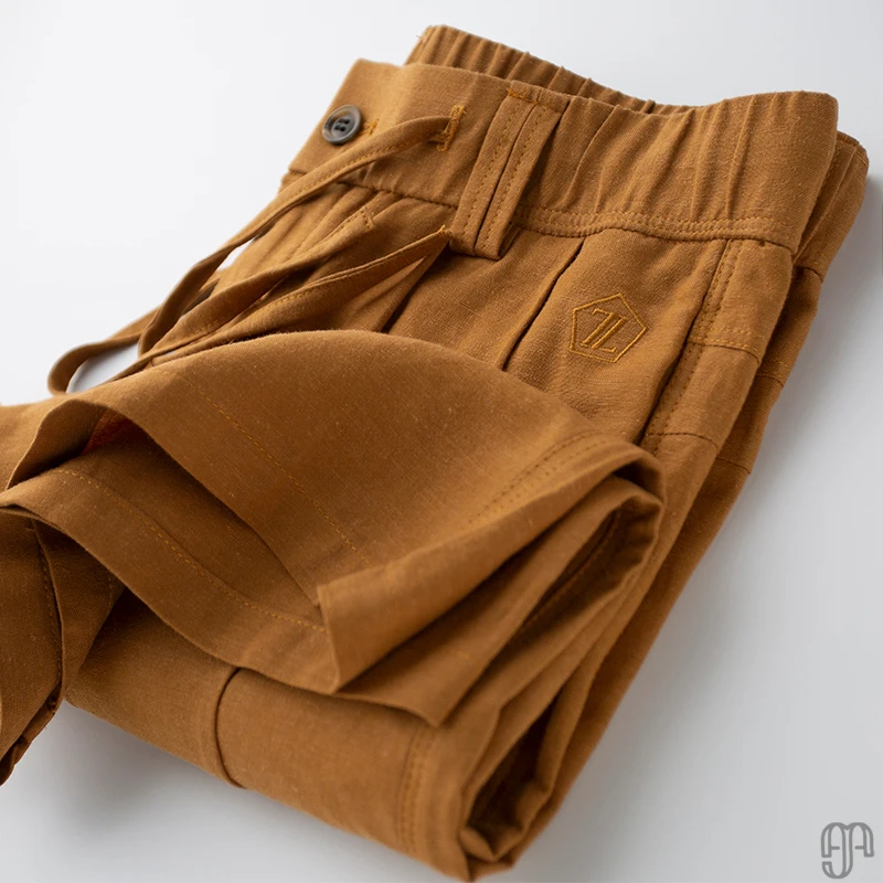 Mayi/夏季凉感亚麻刺绣字母休闲五分裤男士宽松直筒潮流时尚短裤