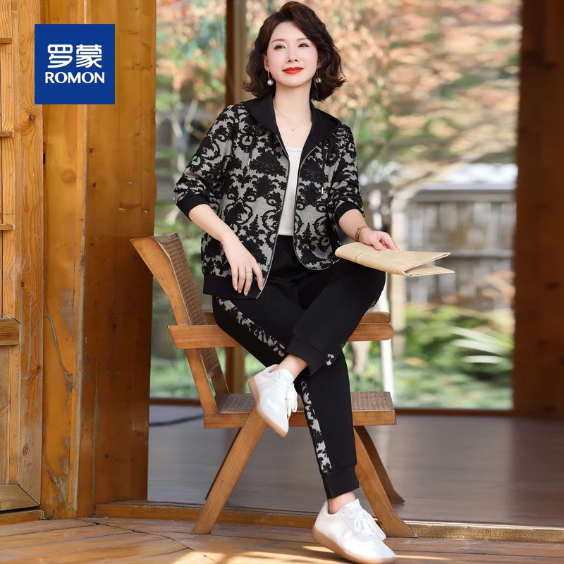 罗蒙妈妈装运动套装2025新款丝绒外套洋气中老年春秋休闲上衣女