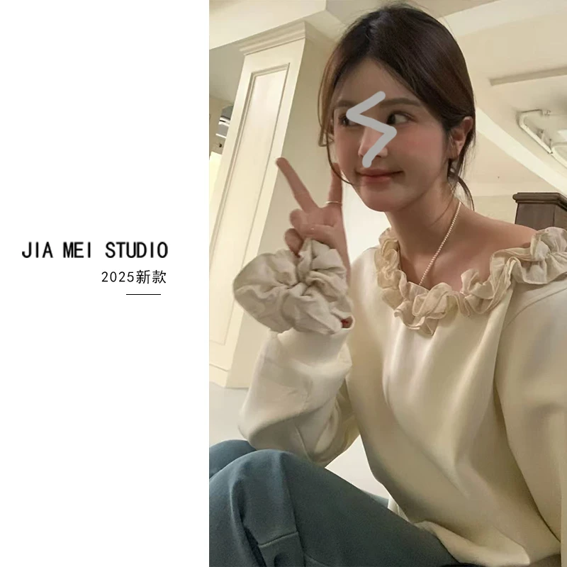 Z020卫衣女2025新款春季甜美减龄气质百搭花瓣木耳边斜肩宽松长袖