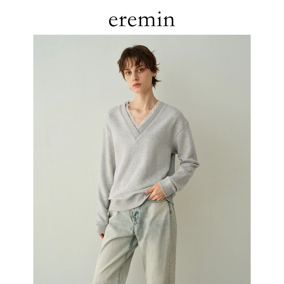 DE Mincollection蕾丝边卫衣/松弛毛边蕾丝拼接毛圈V领卫衣55544