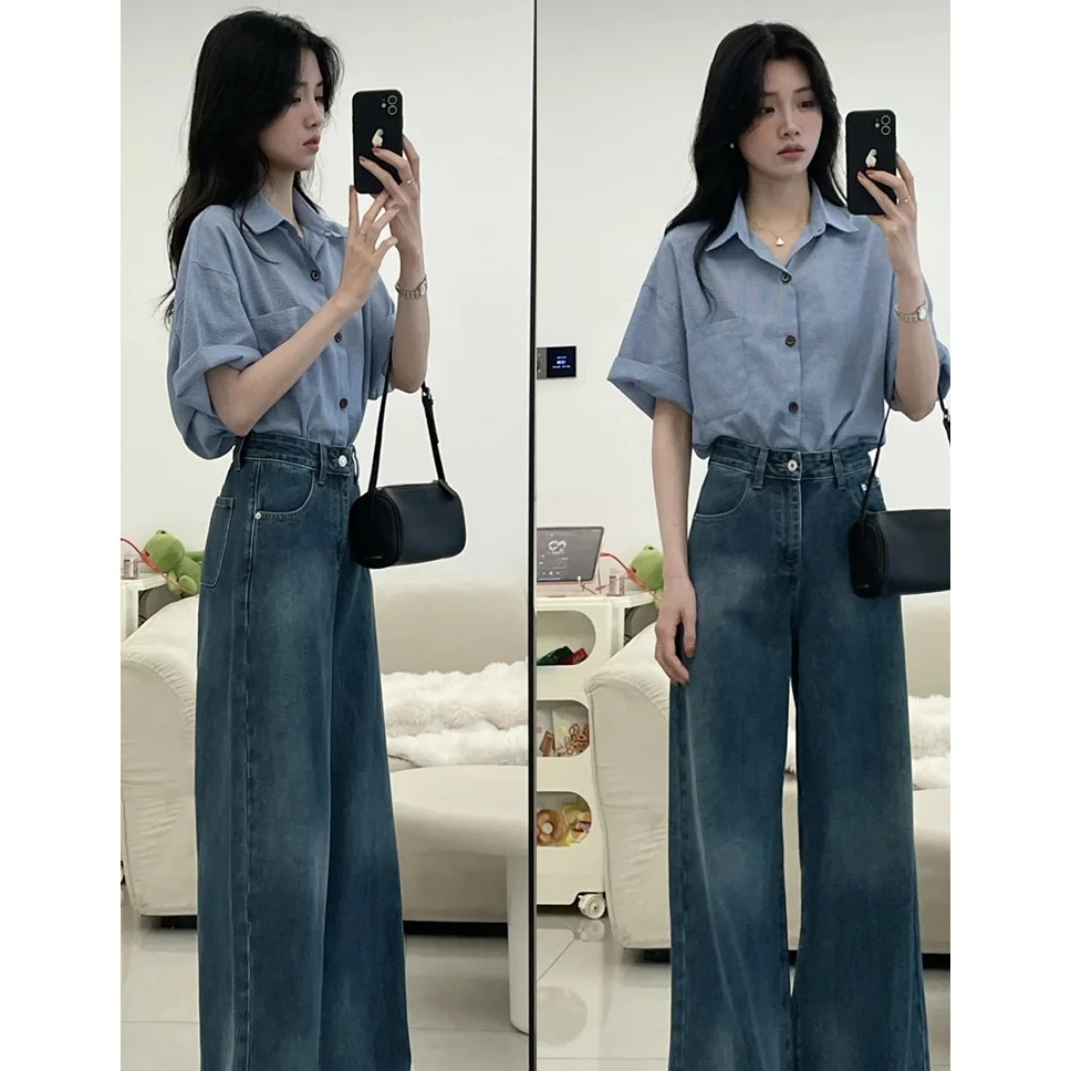 秋冬韩系穿搭一整套大码胖mm宽松显瘦通勤短袖衬衫阔腿牛仔裤套装