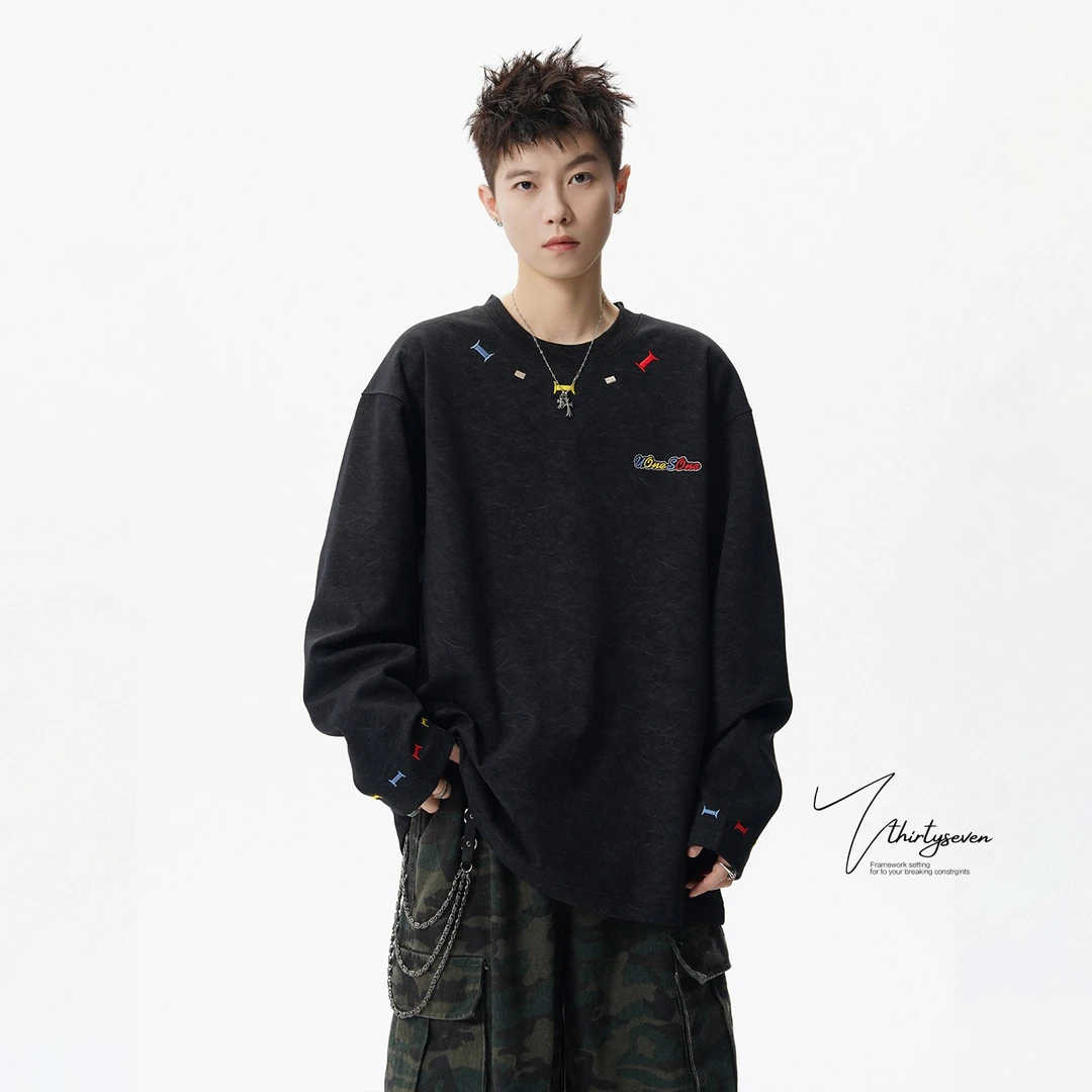 美式高街刺绣长袖T恤男秋季潮牌百搭情侣上衣重磅休闲高级感T恤