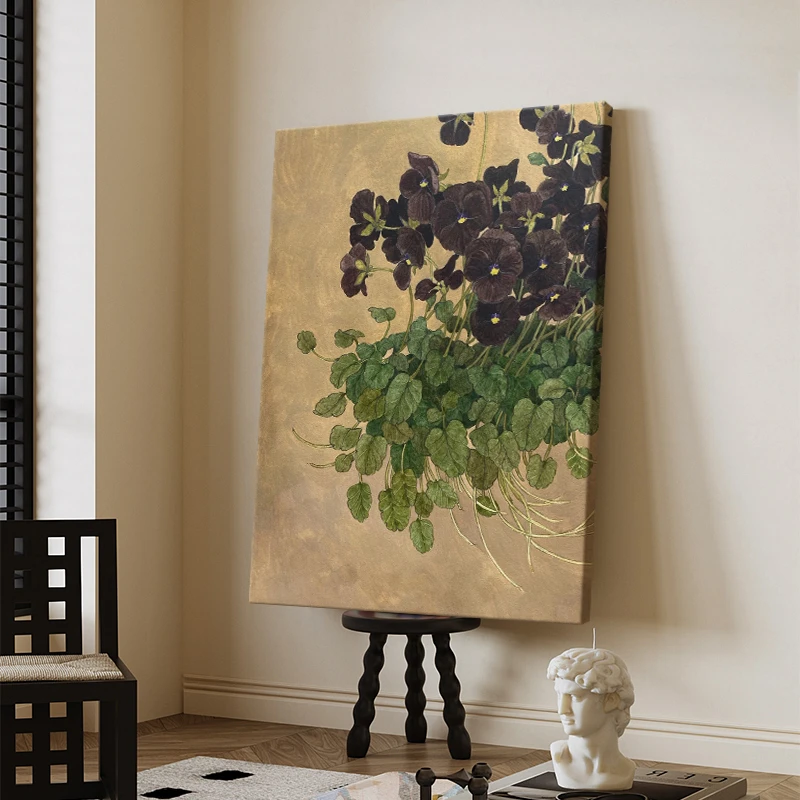 中古风抽象紫色花卉装饰画客厅玄关复古植物质感油画玄关装饰画