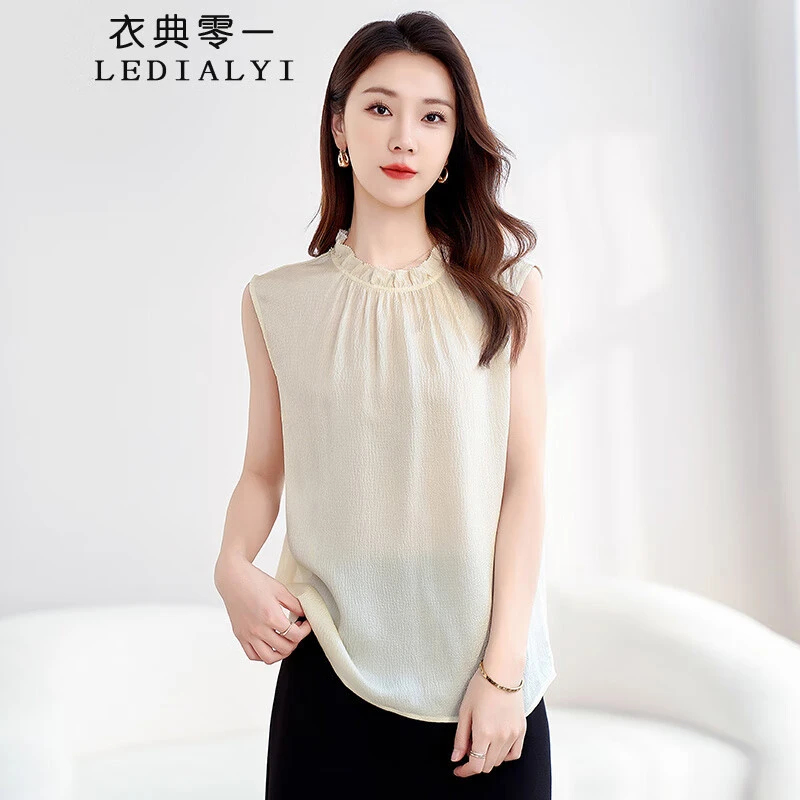 轻奢真丝泡泡皱上衣女2025夏装新款时尚气质显瘦无袖桑蚕丝衬衫