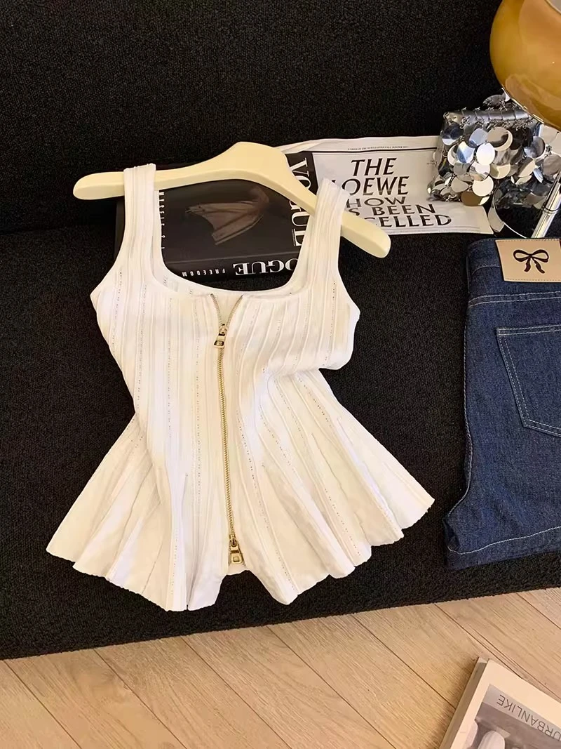 美德拉纯欲风设计感拉链压褶无袖针织背心女夏季新款减龄百搭上衣