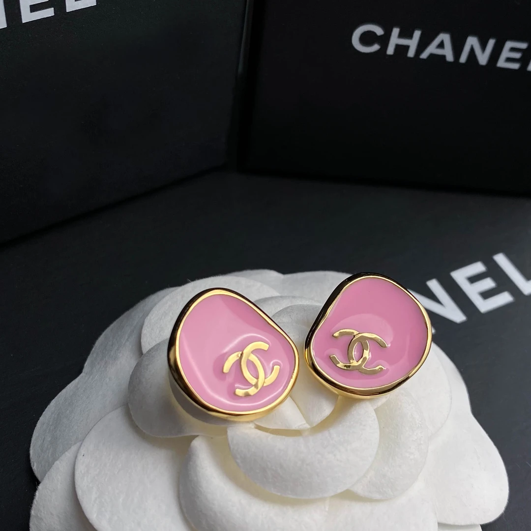 99新 Chanel/香奈儿 FL闲置 24K小号金边双C粉色珐琅 耳钉 S6780