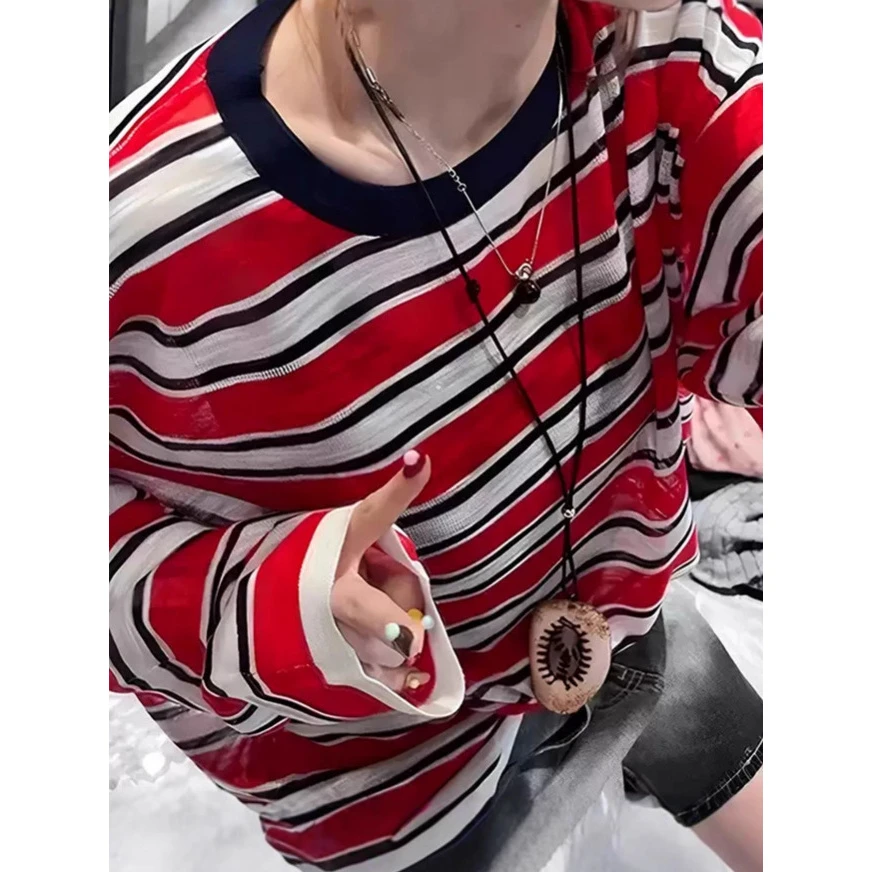 撞色条纹长袖针织T恤女2025早秋新款设计感小众美式休闲宽松上衣