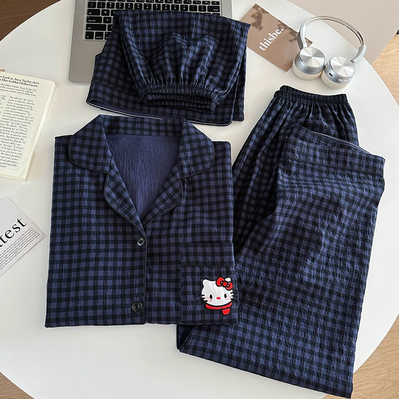 新款春夏女睡衣云朵棉KT猫短袖短裤长裤三件套大码爆款家居服套装