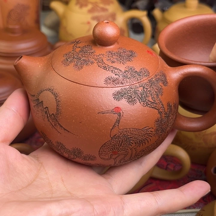 茶壶紫砂原矿红降坡刻绘西施精工半手260cc