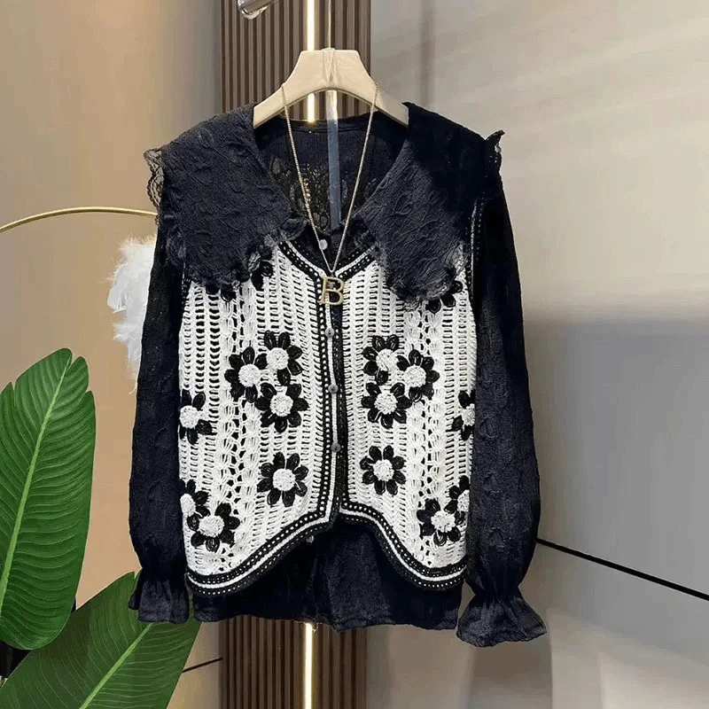 晚晚* 大码女装秋季新品甜美时尚套装韩版针织马甲衬衫两件套潮