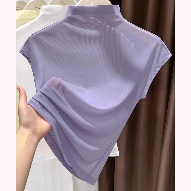 芯娇晴夏季新款紫色冰丝修身打底女半高领飞飞袖上衣微透网纱T恤