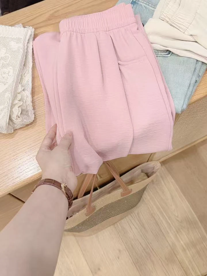 七言家 巨好穿!烟粉慵懒舒适休闲直筒显瘦空调裤@