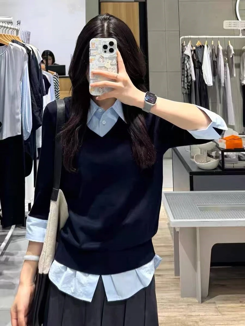 MM商场同款2025秋季新款时尚藏青色假两件针织衫上衣女7232501