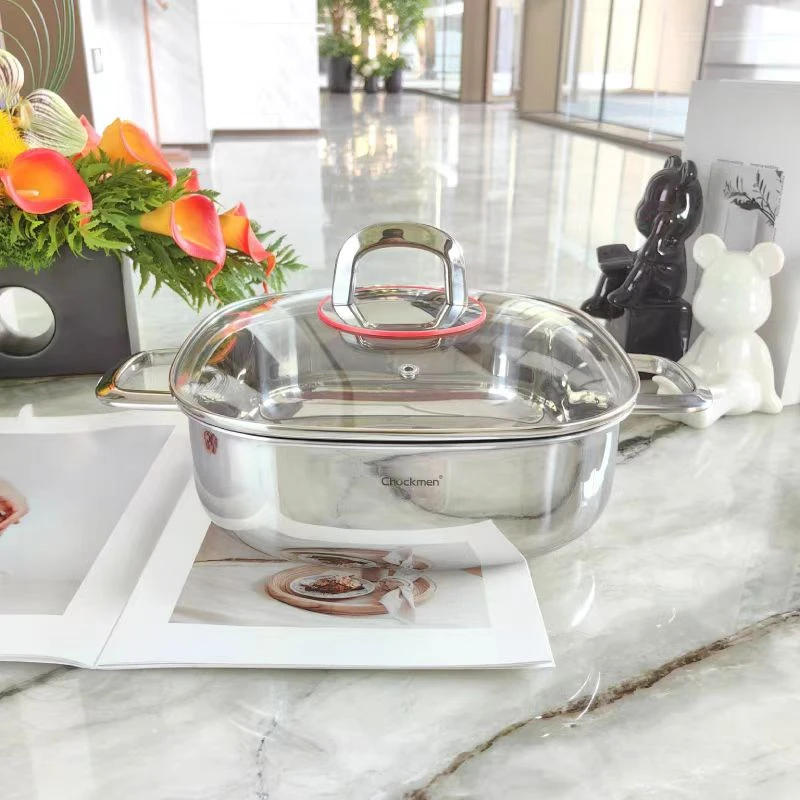 Chockmen18/10卓德铭不锈钢方形盘煎锅烤盘多用锅火锅汤锅24.5cm