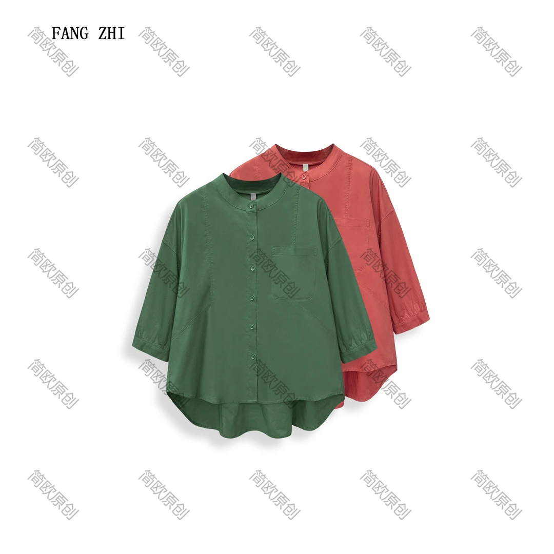 简约短款纯色宽松立领复古衬衫别致舒适休闲百搭棉衬衣 B4253