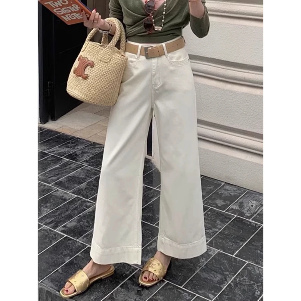 米白色阔腿牛仔裤女新款高腰显瘦小个子宽松窄版百搭直筒九分裤子