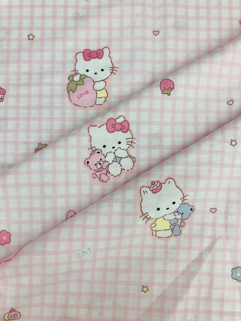 【全棉斜纹布料】粉格猫咪100%棉diy面料宽幅2.35米1米价连拍连裁