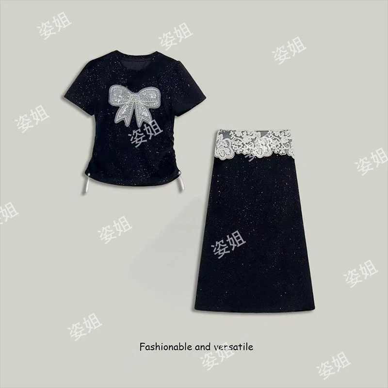 2025夏季时尚休闲套装女新款蝴蝶蕾丝拼接短袖半身裙气质两件套女