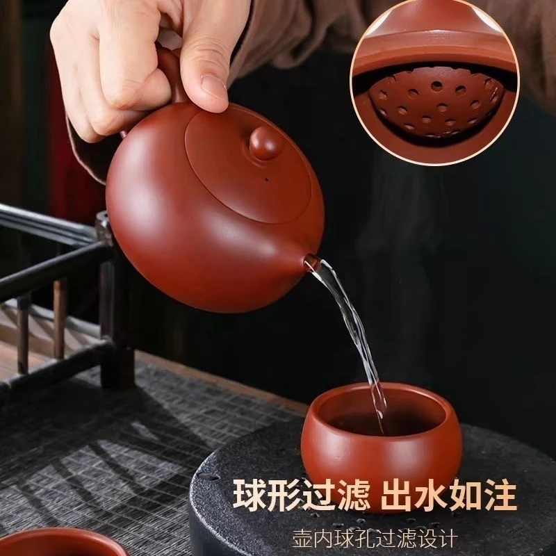 红色西施水平壶大号大红袍茶壶中式过滤泡茶壶泥壶红泥茶具紫砂壶
