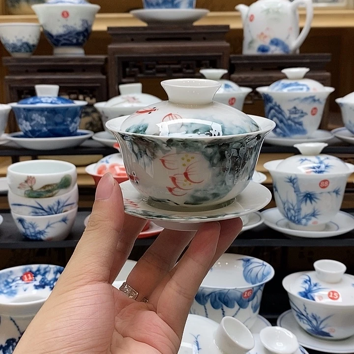 手绘水墨荷花盖碗釉下彩高温瓷微瑕福利款