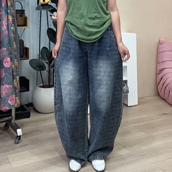 610欧货爆款牛仔暗条纹大版女裤
