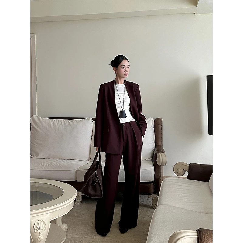 VENUIE安可拉红轻职西装休闲阔腿裤深酒红色西装裤08388