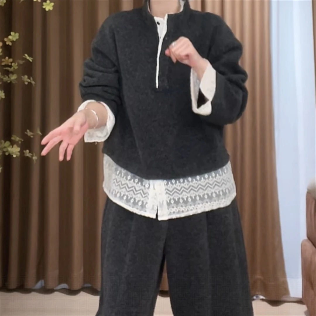 韩版复古假两件蕾丝拼接半高领卫衣女款2025新款秋冬休闲上衣潮